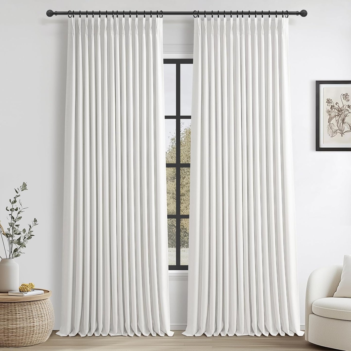 Pinch Pleated Off Beige White Mini Curtains 63 Inch Length 2 Panels Set for Kitchen Windows, Cute Blackout Two Layer Thick Linen Blend Light Blocking Drapes Back Tab for Laundry Room 63 Inches Curtain