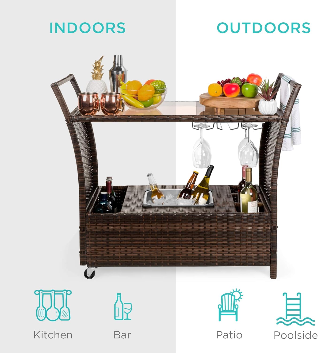 Best Choice Products Outdoor Rolling Wicker Bar Cart w/Removable Ice Bucket, Glass Countertop, Wine Glass Holders, Storage Compartments - Brown