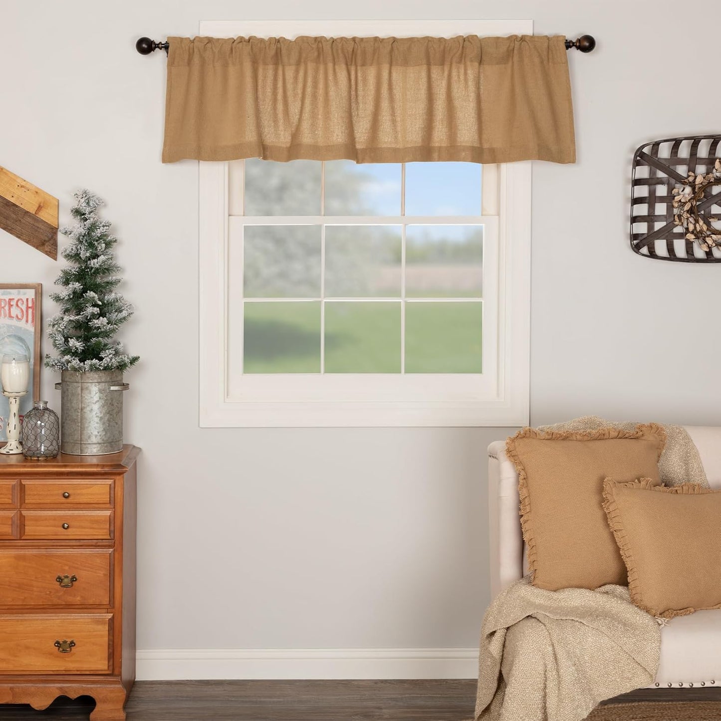VHC Brands Black Check Scalloped Short Panel Set of 2 63x36 Country Curtains, Black and Tan