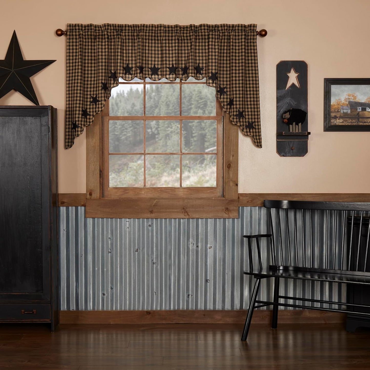 VHC Brands Black Check Scalloped Short Panel Set of 2 63x36 Country Curtains, Black and Tan