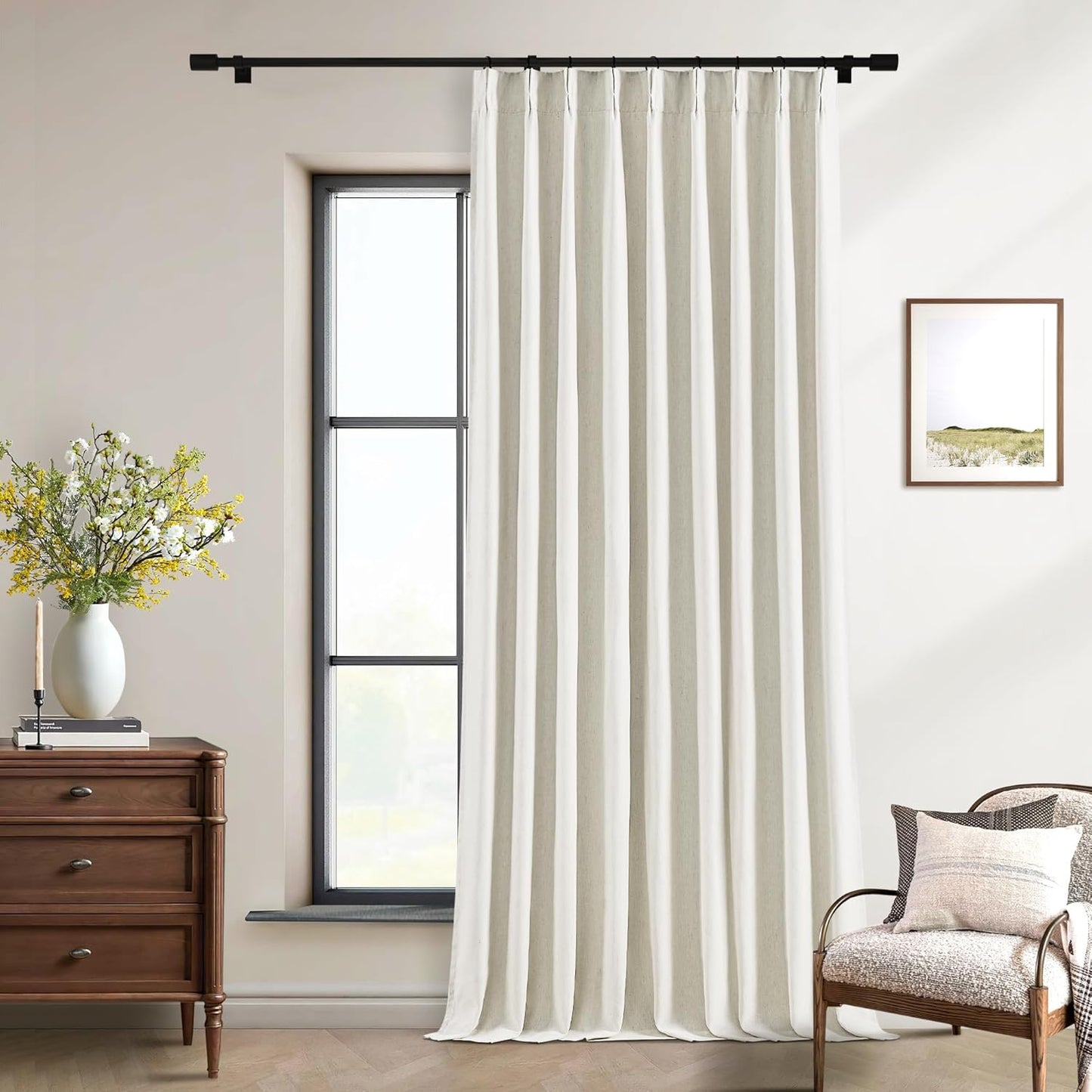 Beige Blackout Cafe Curtains 45 Inch Length 2 Panel Set Pinch Pleated Back Tab Linen Blend Black Out Short Curtains Boho Farmhouse Thermal Insulated Small Window Drapes for Bathroom Kitchen RV