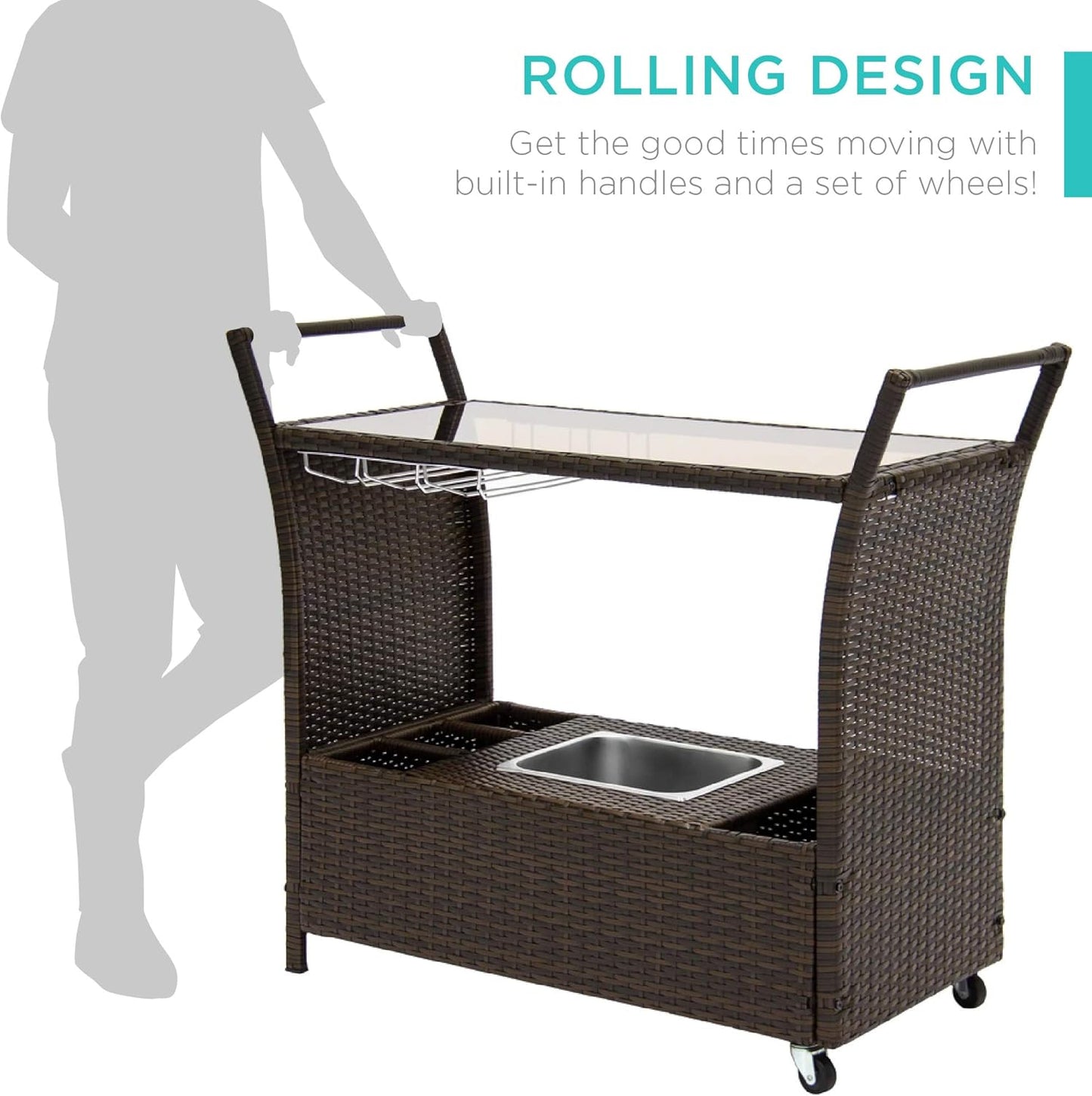 Best Choice Products Outdoor Rolling Wicker Bar Cart w/Removable Ice Bucket, Glass Countertop, Wine Glass Holders, Storage Compartments - Brown