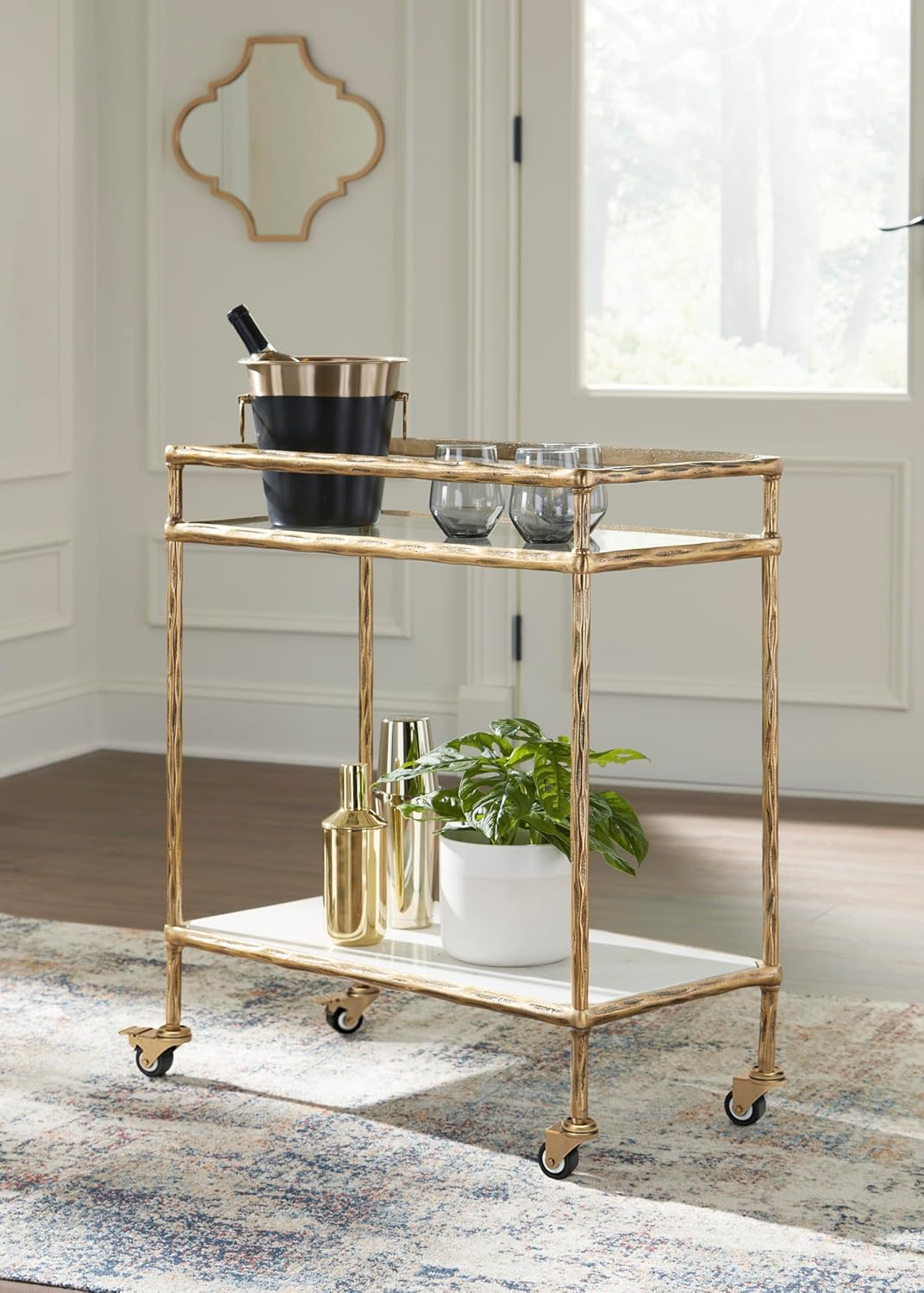 Signature Design by Ashley Plattfield Casual Antiqued 2-Tier Bar Cart with Casters, for Kitchen and Dining Room, Metallic & White