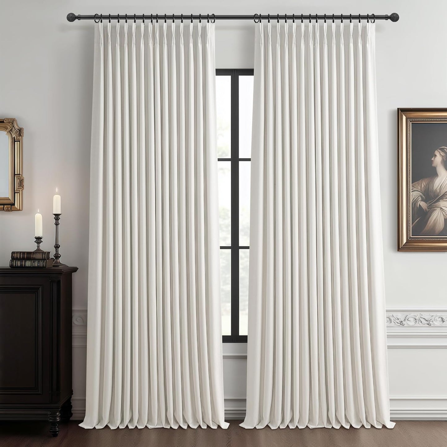 Pinch Pleated Off Beige White Mini Curtains 63 Inch Length 2 Panels Set for Kitchen Windows, Cute Blackout Two Layer Thick Linen Blend Light Blocking Drapes Back Tab for Laundry Room 63 Inches Curtain