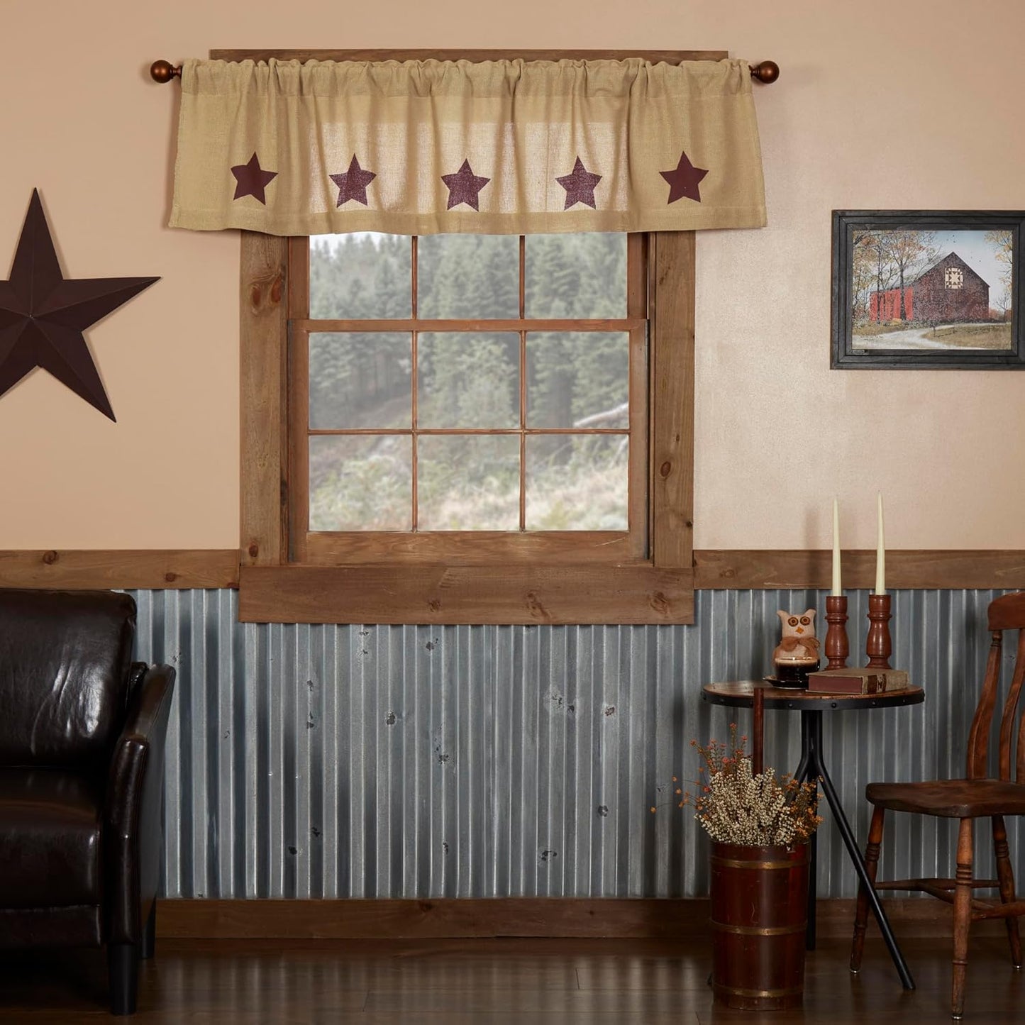 VHC Brands Black Check Scalloped Short Panel Set of 2 63x36 Country Curtains, Black and Tan
