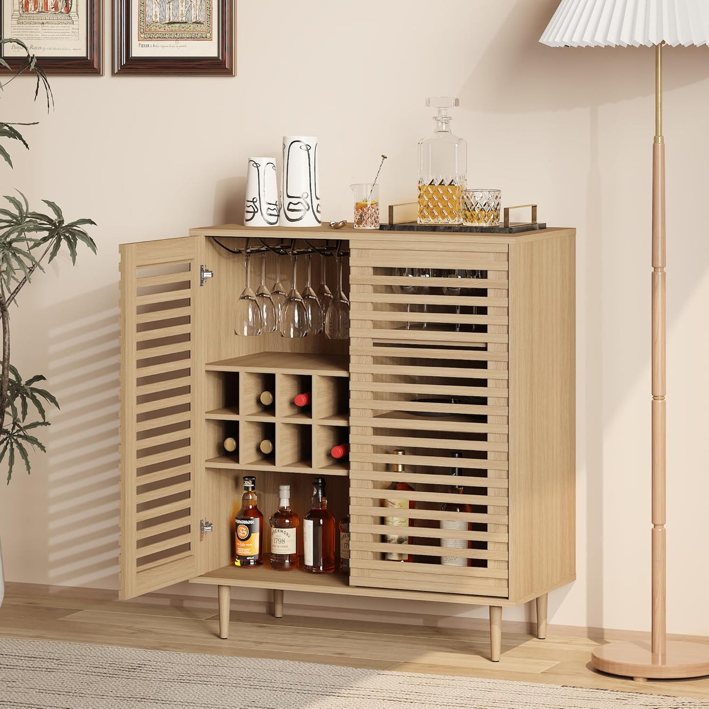 Mid Century Bar Cabinet with Wine Racks, Modern Liquor Cabinet with Slatted Doors for Dining Room, Living Room (Walnut Color)