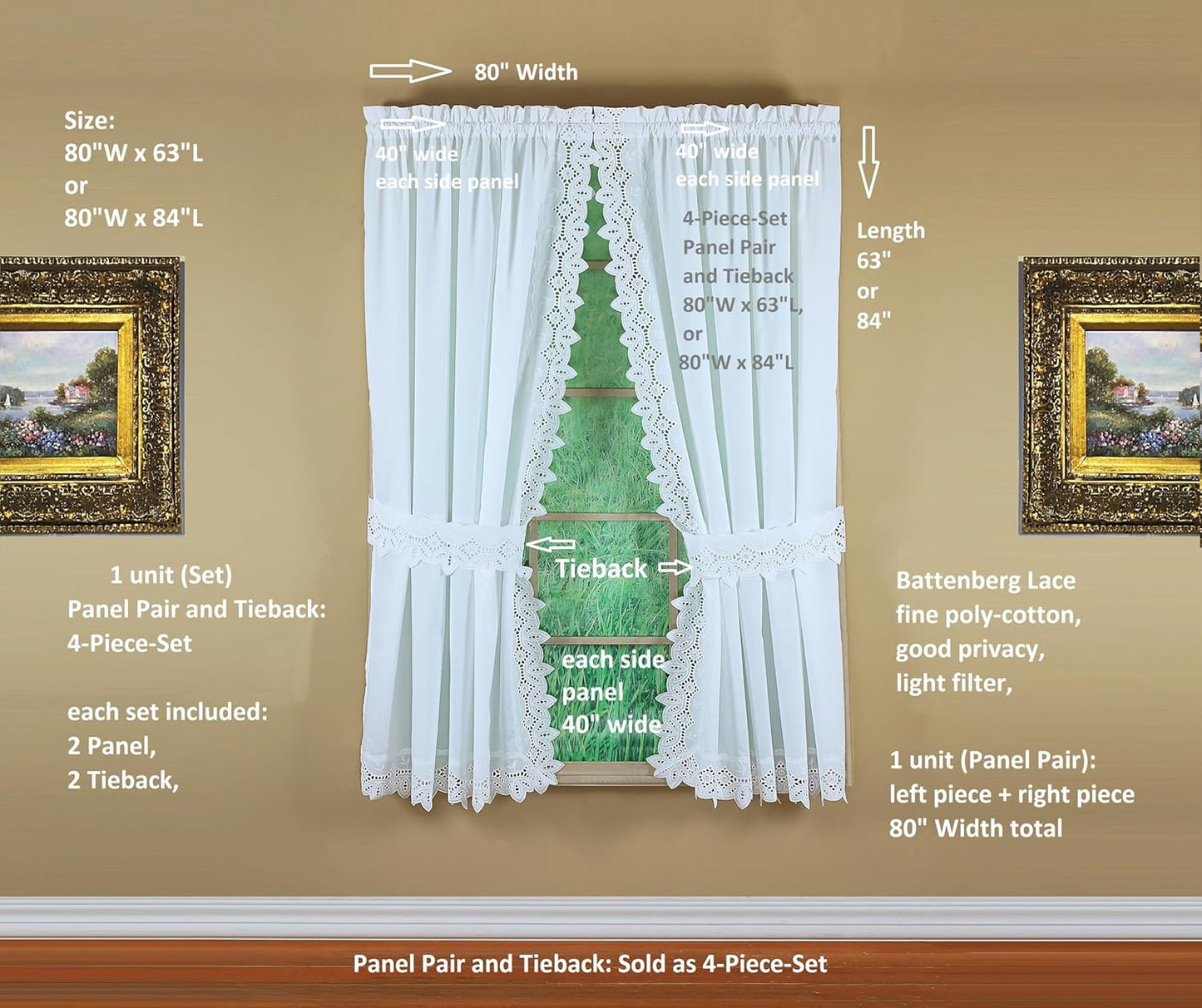 Today's Curtain, Heirloom Battenberg Eyelet Panel Pair 63", White, 4-Piece-Set, 80" W x 63" L
