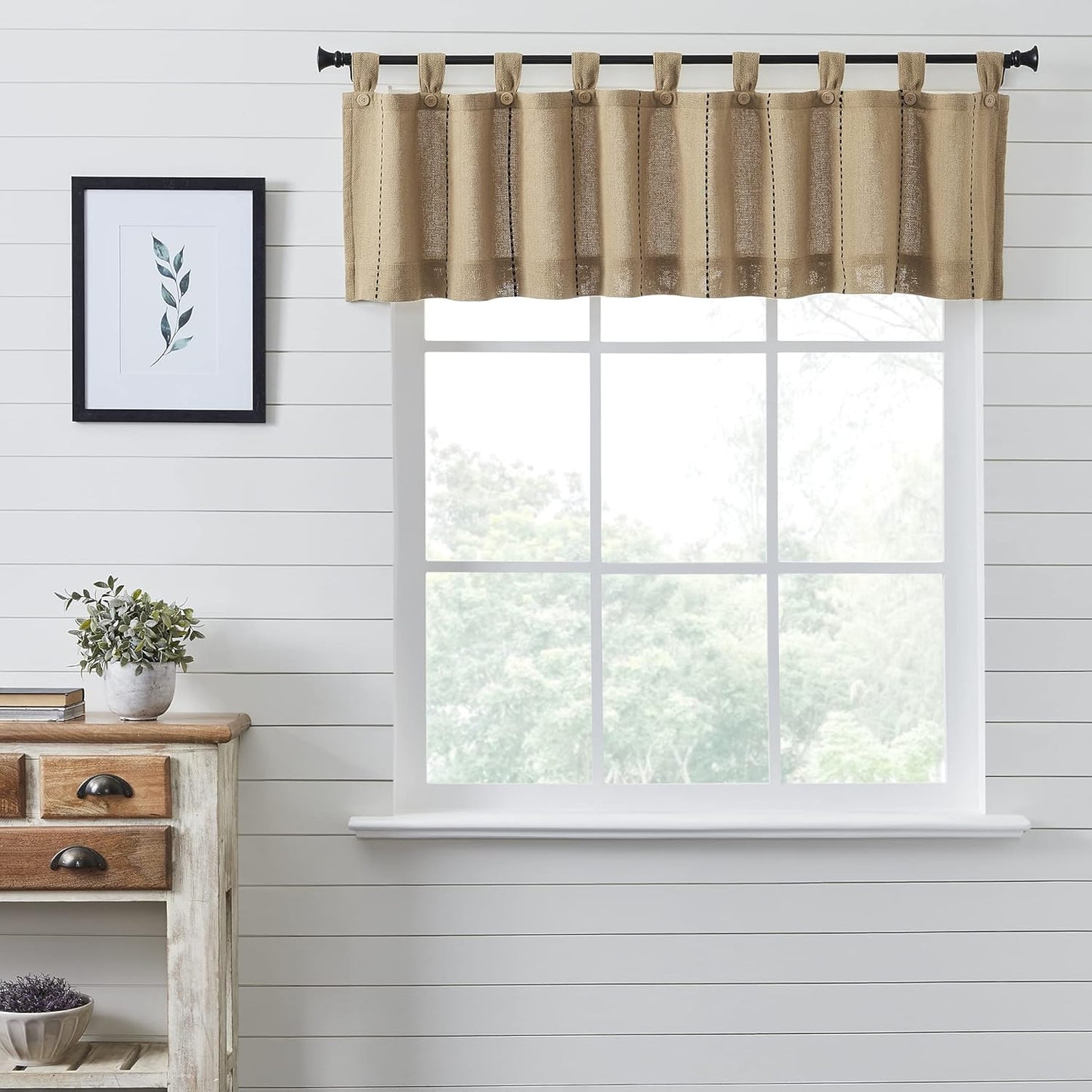 VHC Brands Black Check Scalloped Short Panel Set of 2 63x36 Country Curtains, Black and Tan