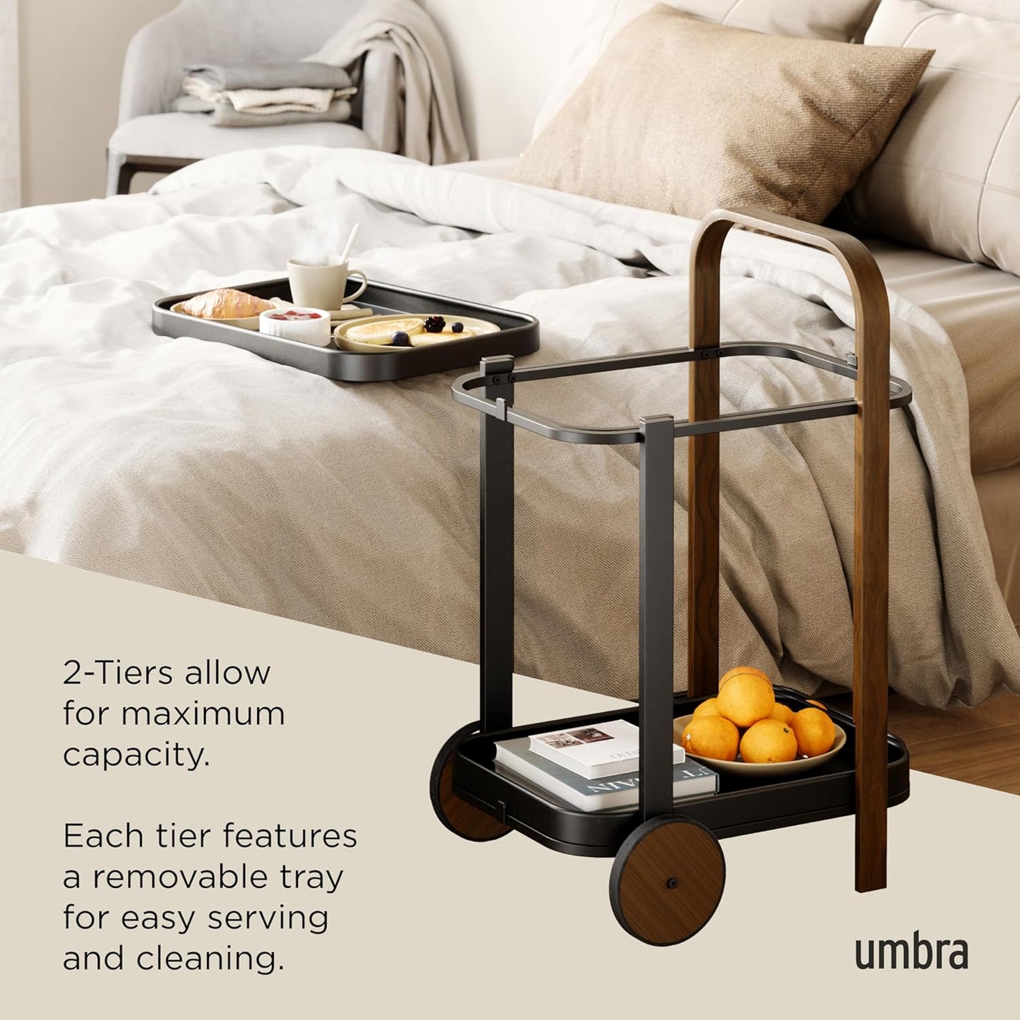 Umbra Bellwood Bar Cart, Serving Trolley, Side Table, Walnut/Black
