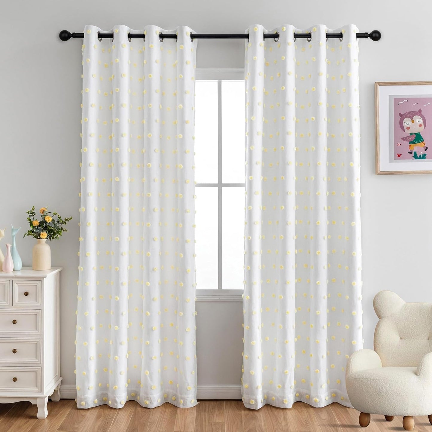 MYSKY HOME 100% Blackout Curtains for Nursery Thermal Insulated Pink Pom Pom Curtains 72 Inch Length for Girls Bedroom 2 Panels Grommet White Sheer Curtains for Kitchen Dining Room Door, 52W x 72L