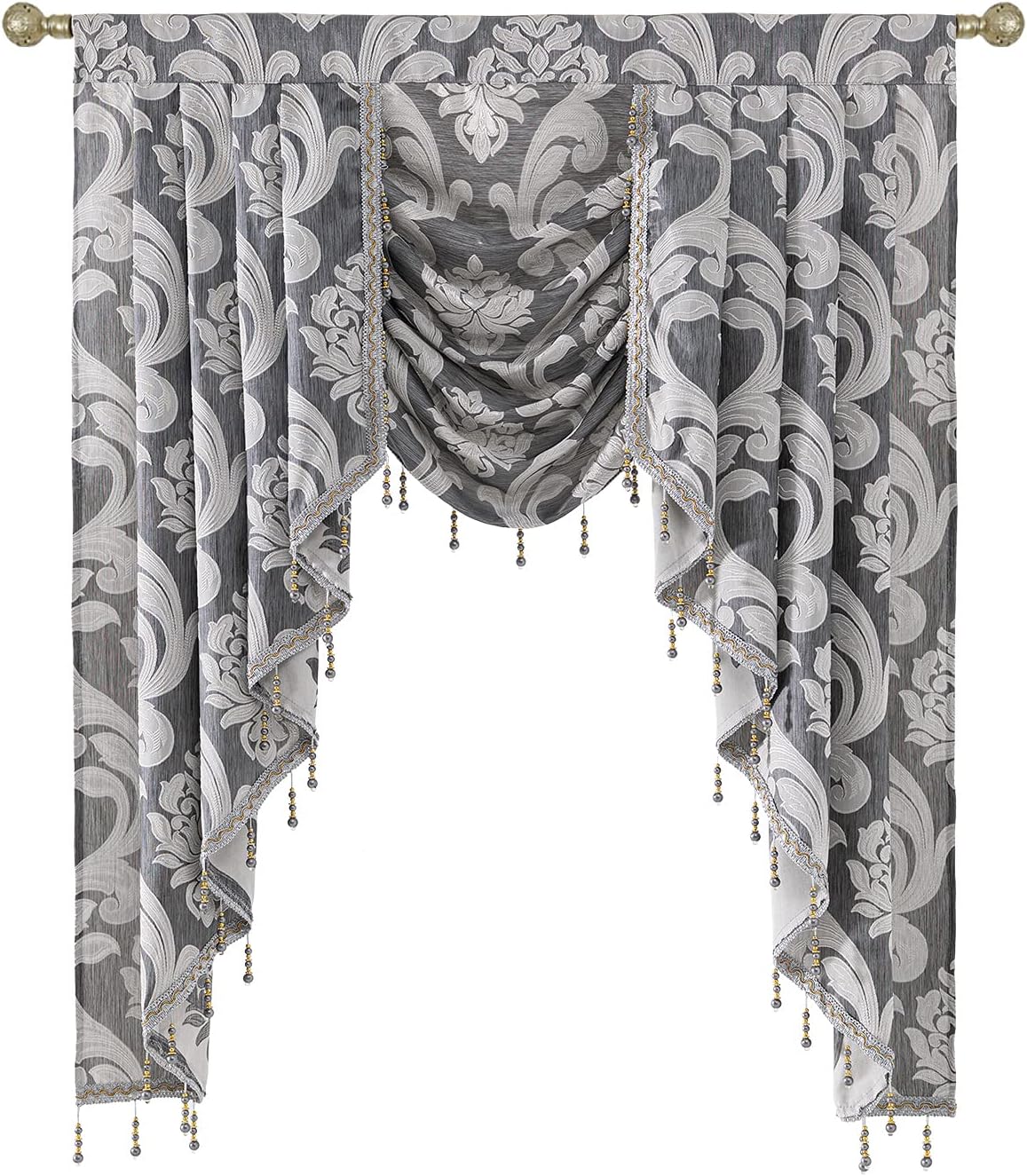 NAPEARL Jabot Curtains Valances and Swags-European Style Kitchen Window Valance, Luxury Jacquard Waterfall Valance Curtains for Living Room (1 Black Valance, 81-Inch Wide)