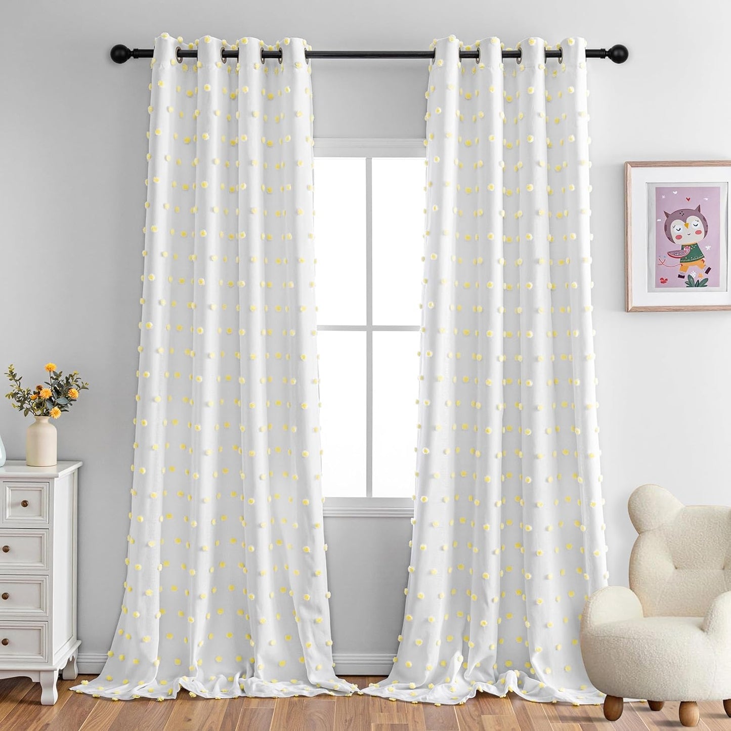 MYSKY HOME 100% Blackout Curtains for Nursery Thermal Insulated Pink Pom Pom Curtains 72 Inch Length for Girls Bedroom 2 Panels Grommet White Sheer Curtains for Kitchen Dining Room Door, 52W x 72L