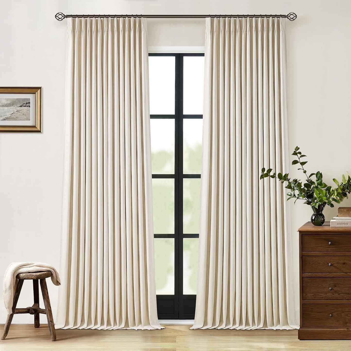 Beige Blackout Cafe Curtains 45 Inch Length 2 Panel Set Pinch Pleated Back Tab Linen Blend Black Out Short Curtains Boho Farmhouse Thermal Insulated Small Window Drapes for Bathroom Kitchen RV