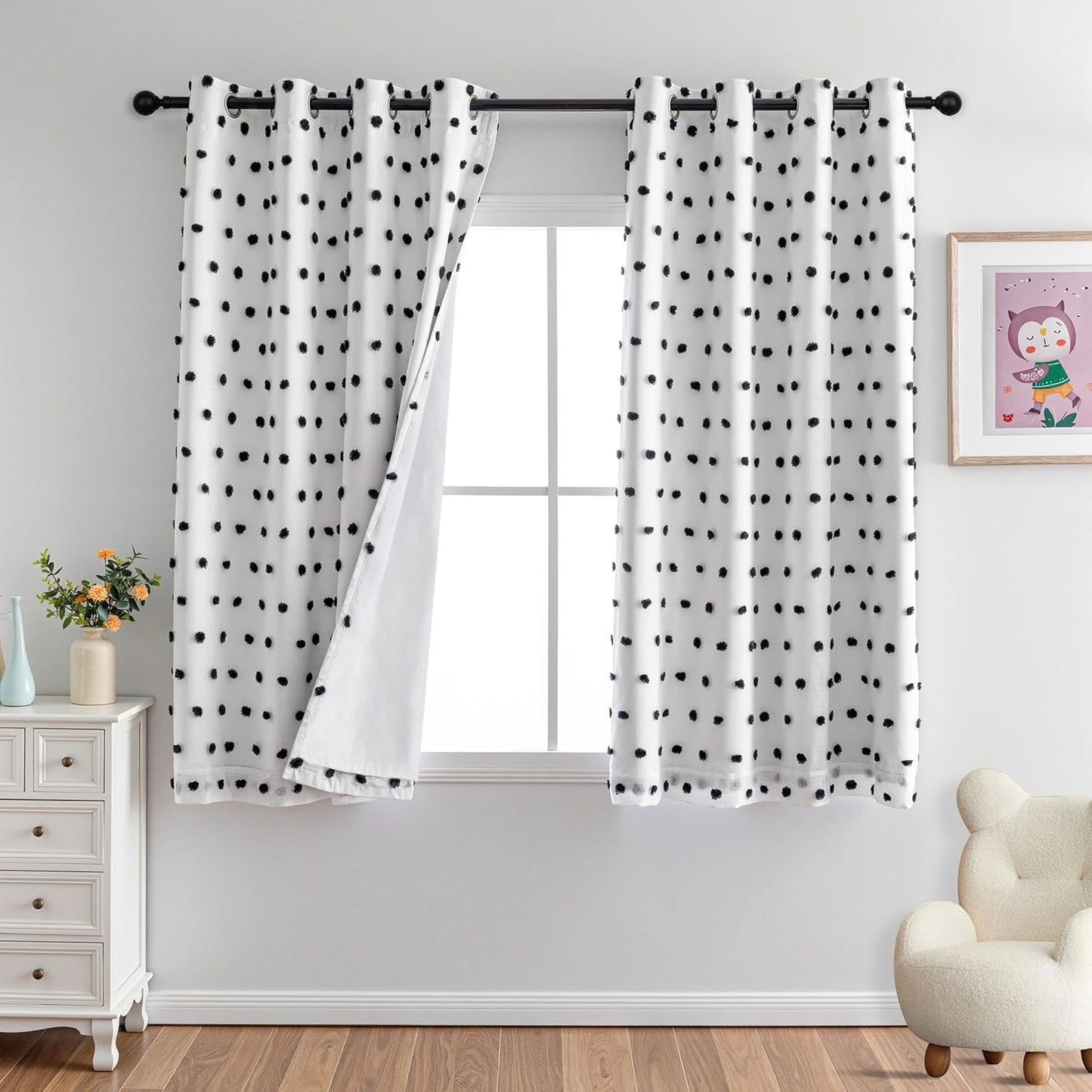 MYSKY HOME 100% Blackout Curtains for Nursery Thermal Insulated Pink Pom Pom Curtains 72 Inch Length for Girls Bedroom 2 Panels Grommet White Sheer Curtains for Kitchen Dining Room Door, 52W x 72L