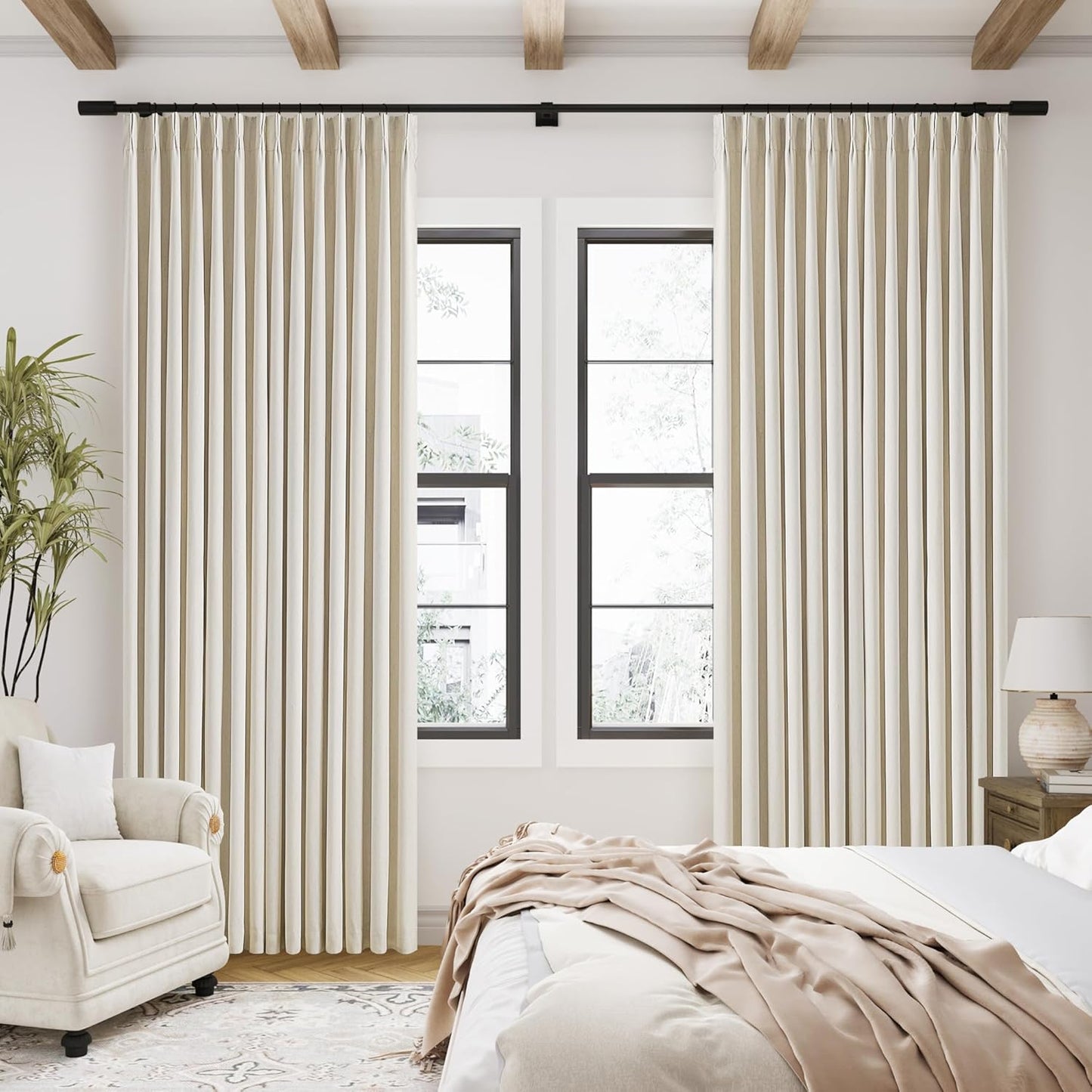 Beige Blackout Cafe Curtains 45 Inch Length 2 Panel Set Pinch Pleated Back Tab Linen Blend Black Out Short Curtains Boho Farmhouse Thermal Insulated Small Window Drapes for Bathroom Kitchen RV