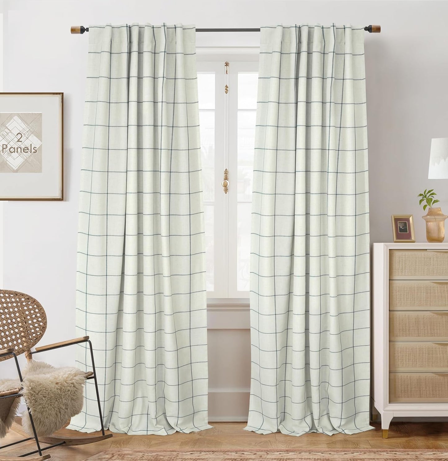 DriftAway 2 Panels 100% Blackout Windowpane Plaid Linen Curtains Double Layer Drapes for Bedroom 90 Inches Long Farmhouse Thermal Insulated 3.25 Inch Rod Pocket Back Tab for Living Room Black
