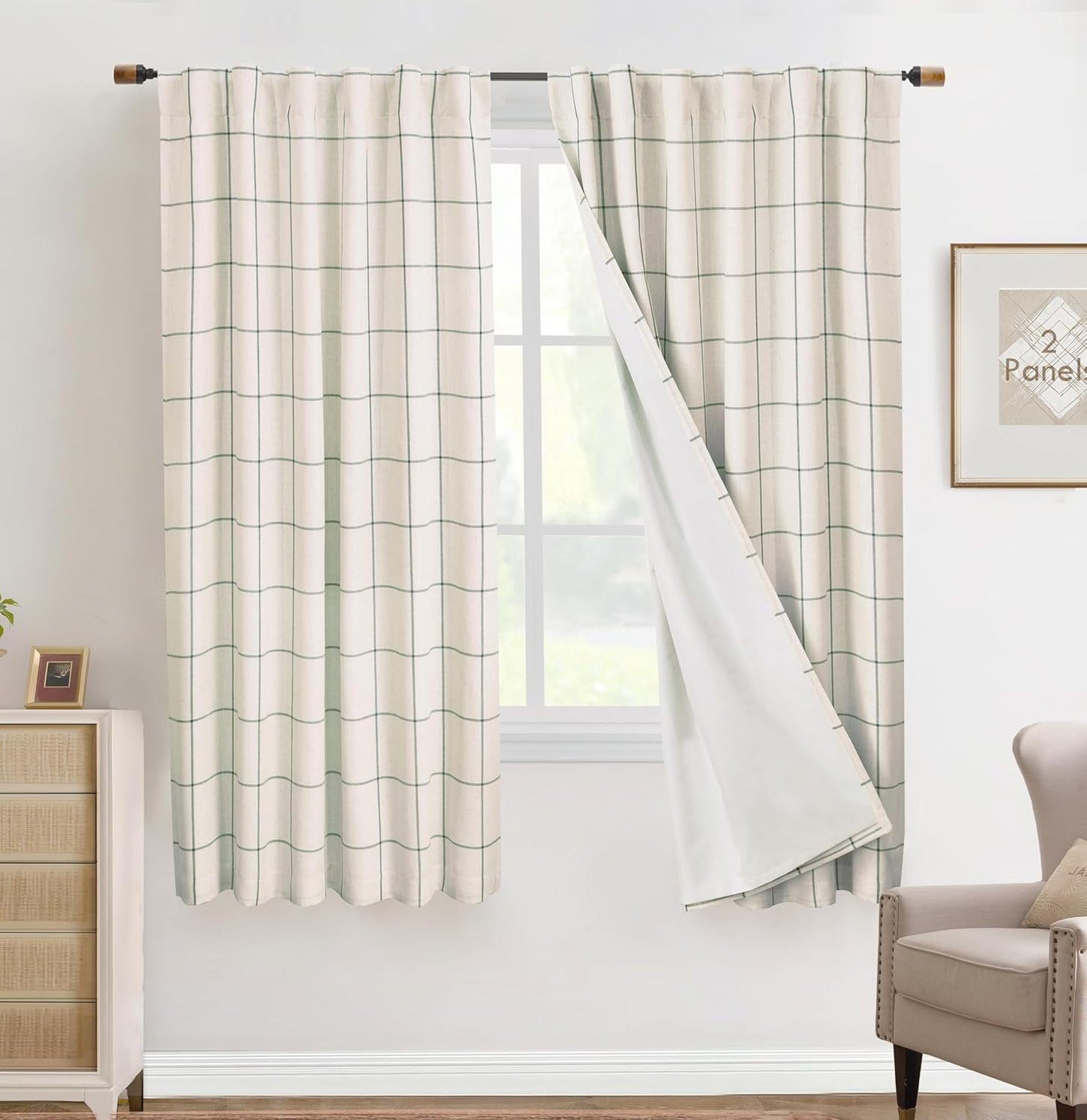 DriftAway 2 Panels 100% Blackout Windowpane Plaid Linen Curtains Double Layer Drapes for Bedroom 90 Inches Long Farmhouse Thermal Insulated 3.25 Inch Rod Pocket Back Tab for Living Room Black