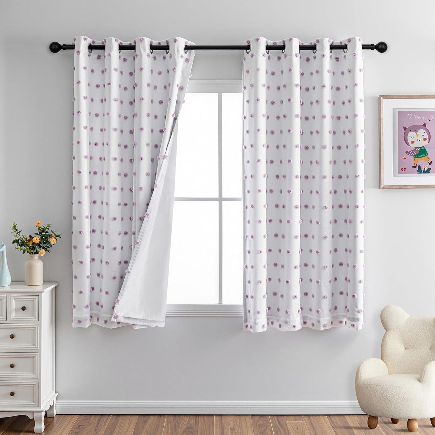 MYSKY HOME 100% Blackout Curtains for Nursery Thermal Insulated Pink Pom Pom Curtains 72 Inch Length for Girls Bedroom 2 Panels Grommet White Sheer Curtains for Kitchen Dining Room Door, 52W x 72L