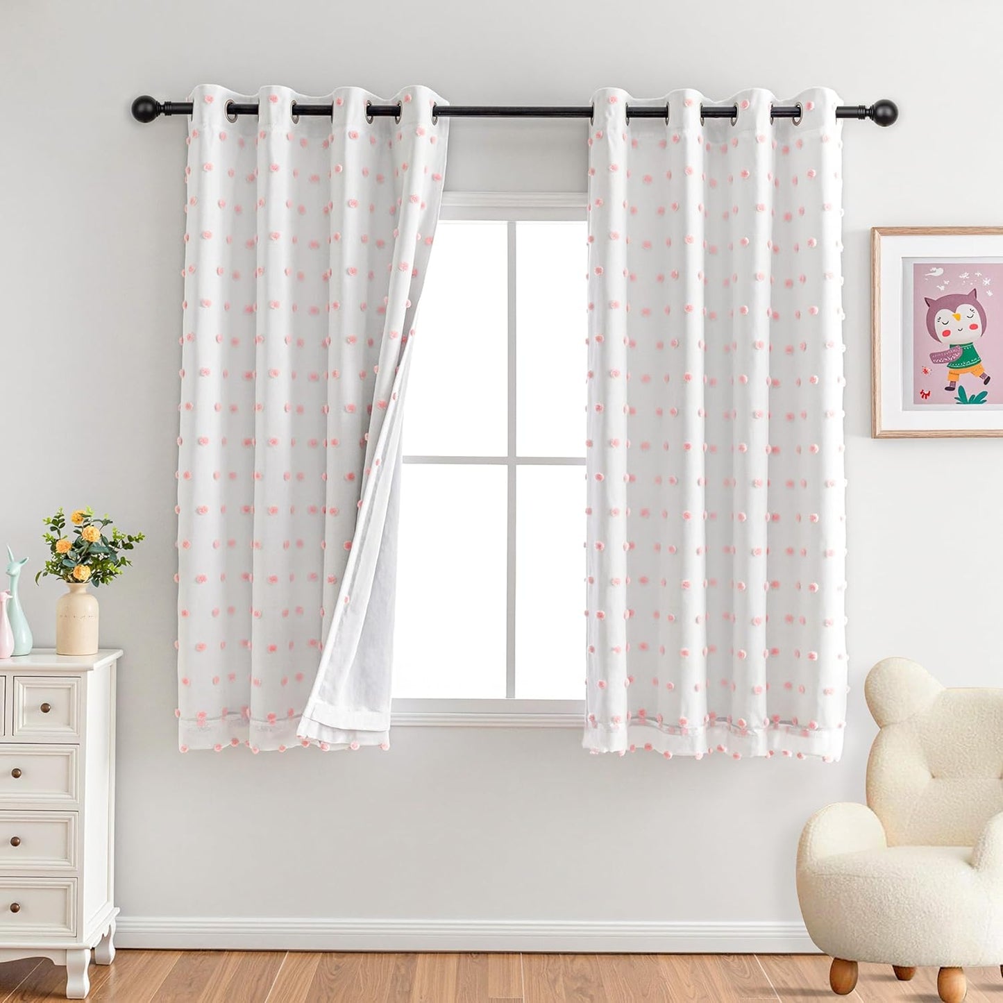 MYSKY HOME 100% Blackout Curtains for Nursery Thermal Insulated Pink Pom Pom Curtains 72 Inch Length for Girls Bedroom 2 Panels Grommet White Sheer Curtains for Kitchen Dining Room Door, 52W x 72L