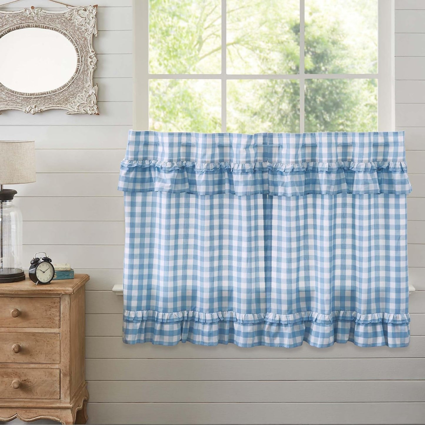VHC Brands Annie Buffalo Check Cotton Farmhouse Kitchen Curtains Rod Pocket Hanging Loops Ruffling 36x36 Tier Pair, Red Country