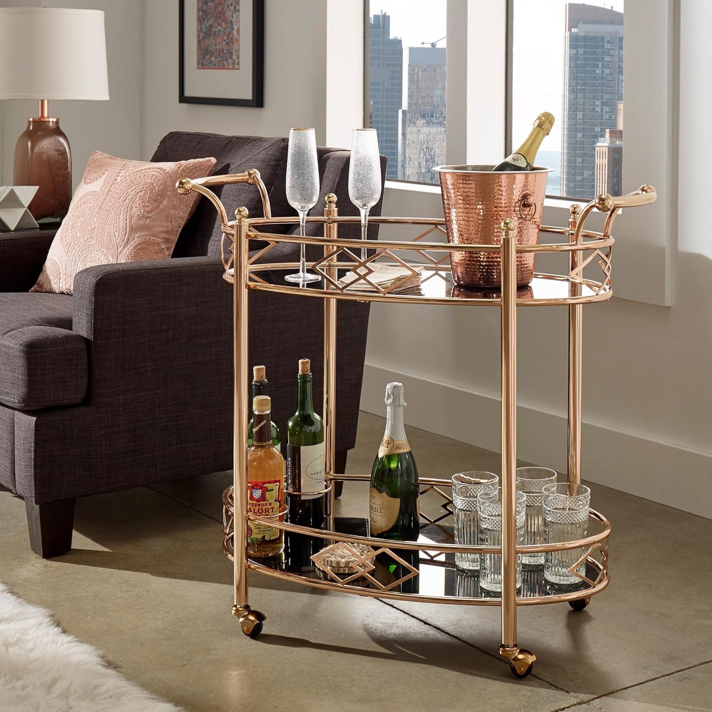 Inspire Q Metropolitan Rose Gold Metal Black Glass Bar Cart by Bold