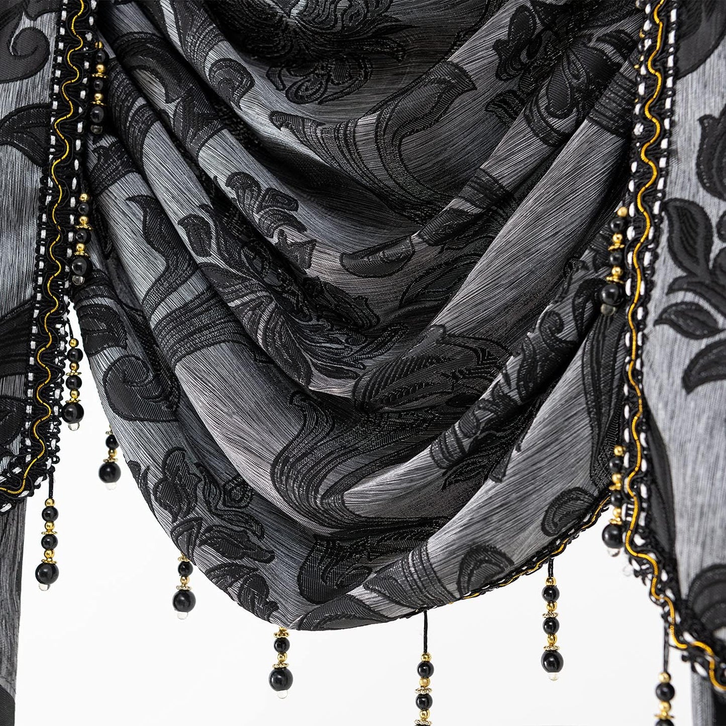 NAPEARL Jabot Curtains Valances and Swags-European Style Kitchen Window Valance, Luxury Jacquard Waterfall Valance Curtains for Living Room (1 Black Valance, 81-Inch Wide)