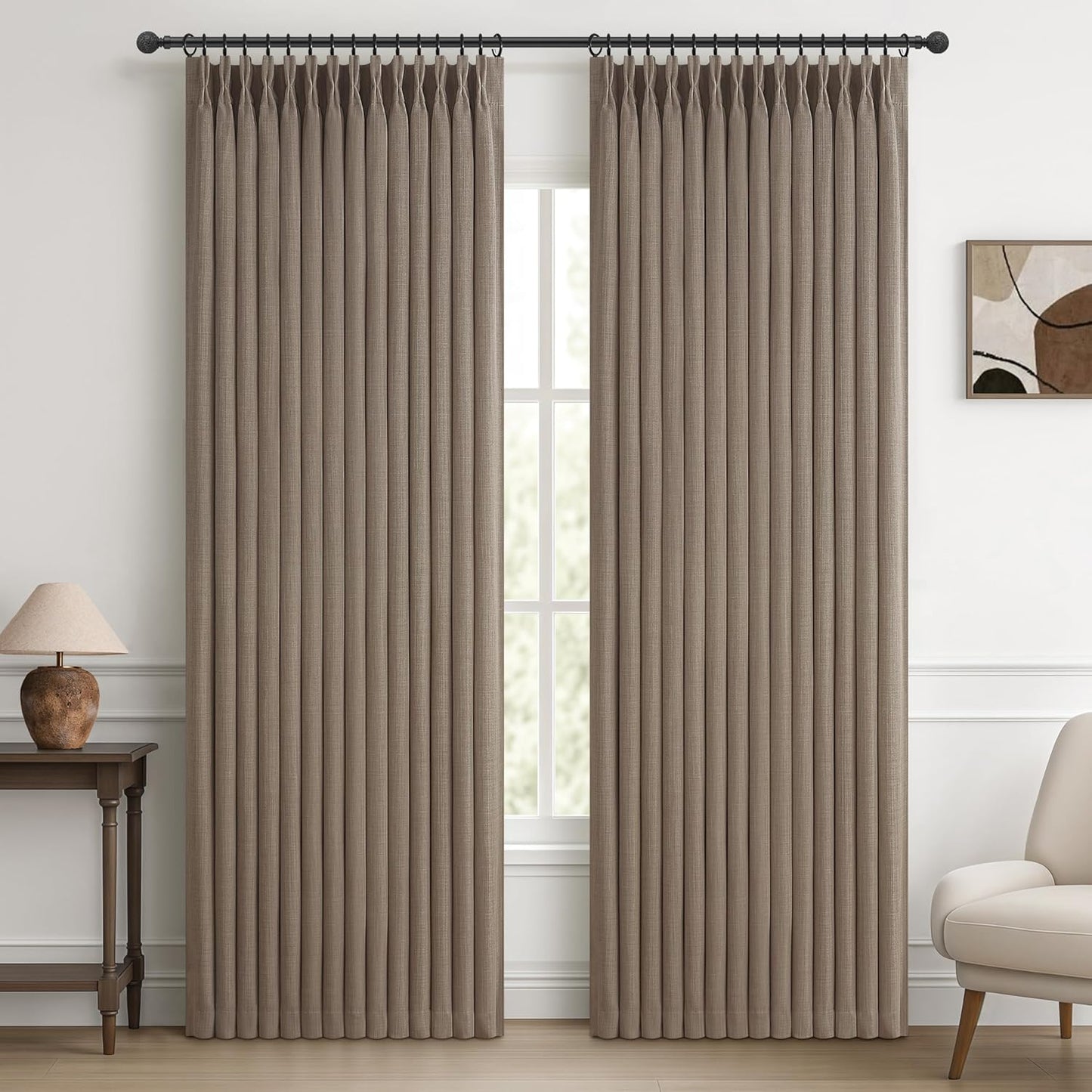 Pinch Pleated Off Beige White Mini Curtains 63 Inch Length 2 Panels Set for Kitchen Windows, Cute Blackout Two Layer Thick Linen Blend Light Blocking Drapes Back Tab for Laundry Room 63 Inches Curtain