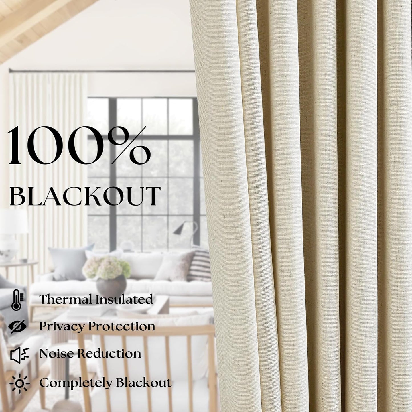 Beige Blackout Cafe Curtains 45 Inch Length 2 Panel Set Pinch Pleated Back Tab Linen Blend Black Out Short Curtains Boho Farmhouse Thermal Insulated Small Window Drapes for Bathroom Kitchen RV
