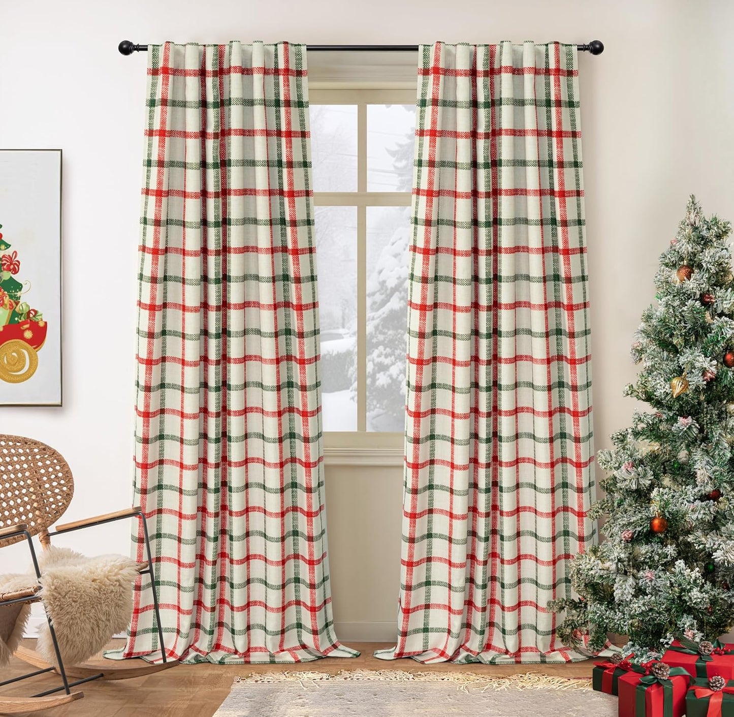 DriftAway 2 Panels 100% Blackout Windowpane Plaid Linen Curtains Double Layer Drapes for Bedroom 90 Inches Long Farmhouse Thermal Insulated 3.25 Inch Rod Pocket Back Tab for Living Room Black