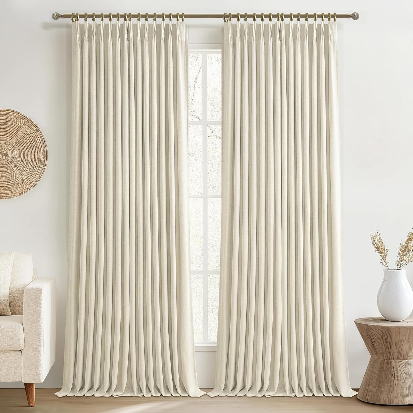 Pinch Pleated Off Beige White Mini Curtains 63 Inch Length 2 Panels Set for Kitchen Windows, Cute Blackout Two Layer Thick Linen Blend Light Blocking Drapes Back Tab for Laundry Room 63 Inches Curtain