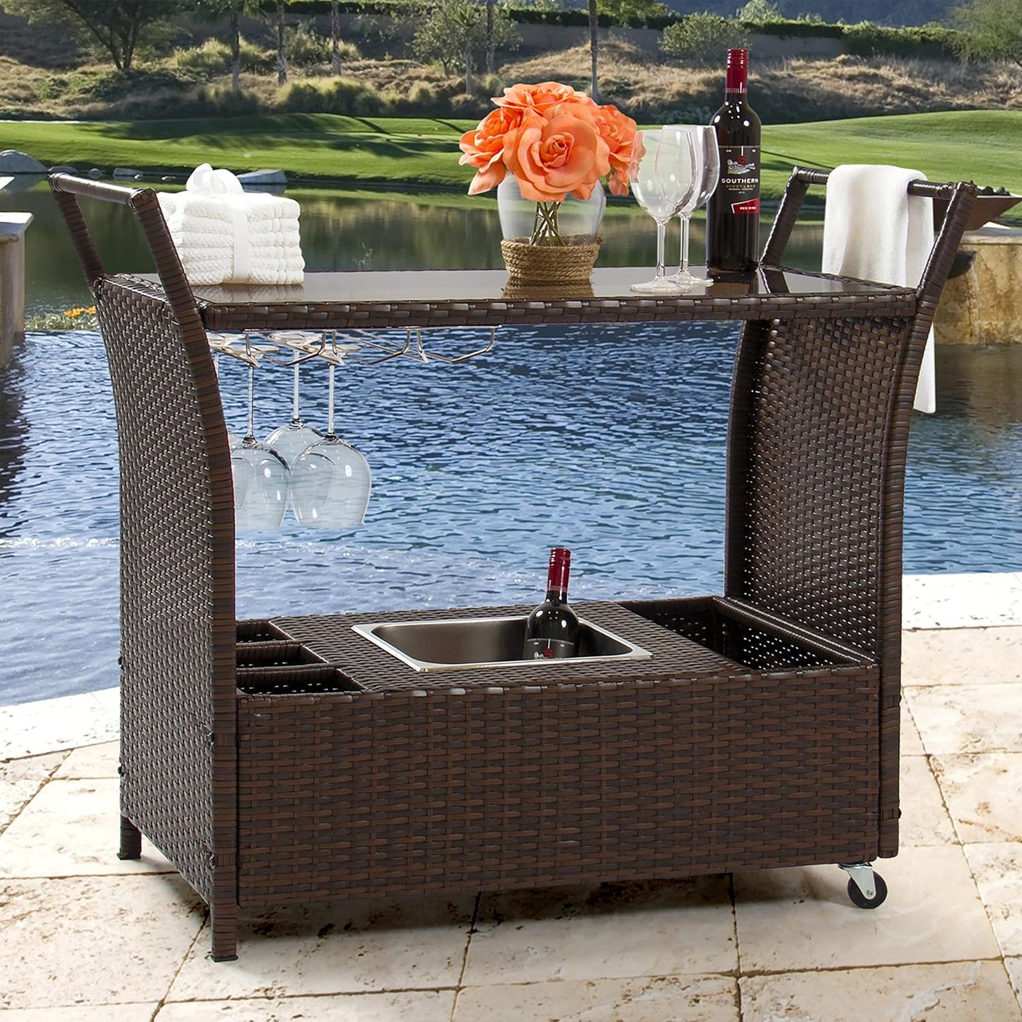 Best Choice Products Outdoor Rolling Wicker Bar Cart w/Removable Ice Bucket, Glass Countertop, Wine Glass Holders, Storage Compartments - Brown