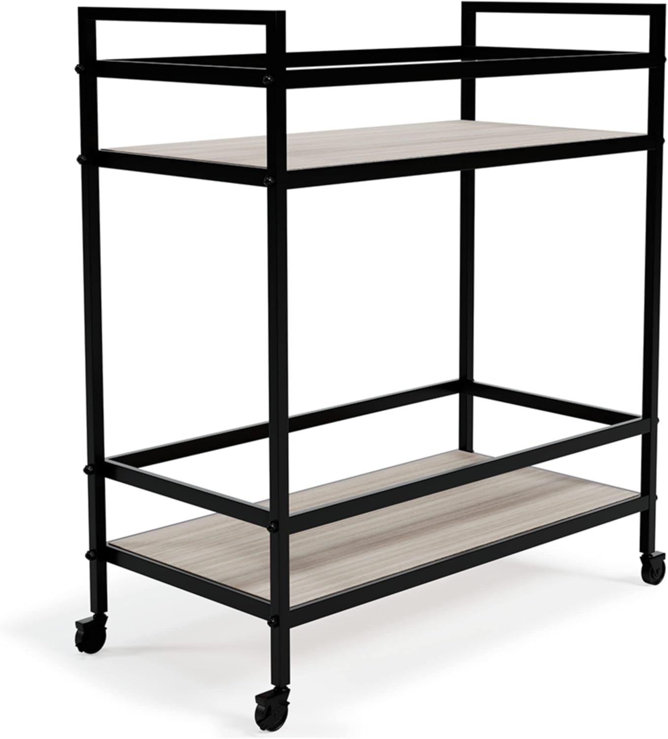 Signature Design by Ashley Plattfield Casual Antiqued 2-Tier Bar Cart with Casters, for Kitchen and Dining Room, Metallic & White