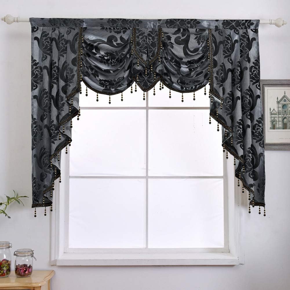 NAPEARL Jabot Curtains Valances and Swags-European Style Kitchen Window Valance, Luxury Jacquard Waterfall Valance Curtains for Living Room (1 Black Valance, 81-Inch Wide)