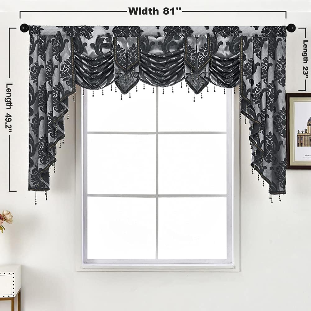 NAPEARL Jabot Curtains Valances and Swags-European Style Kitchen Window Valance, Luxury Jacquard Waterfall Valance Curtains for Living Room (1 Black Valance, 81-Inch Wide)