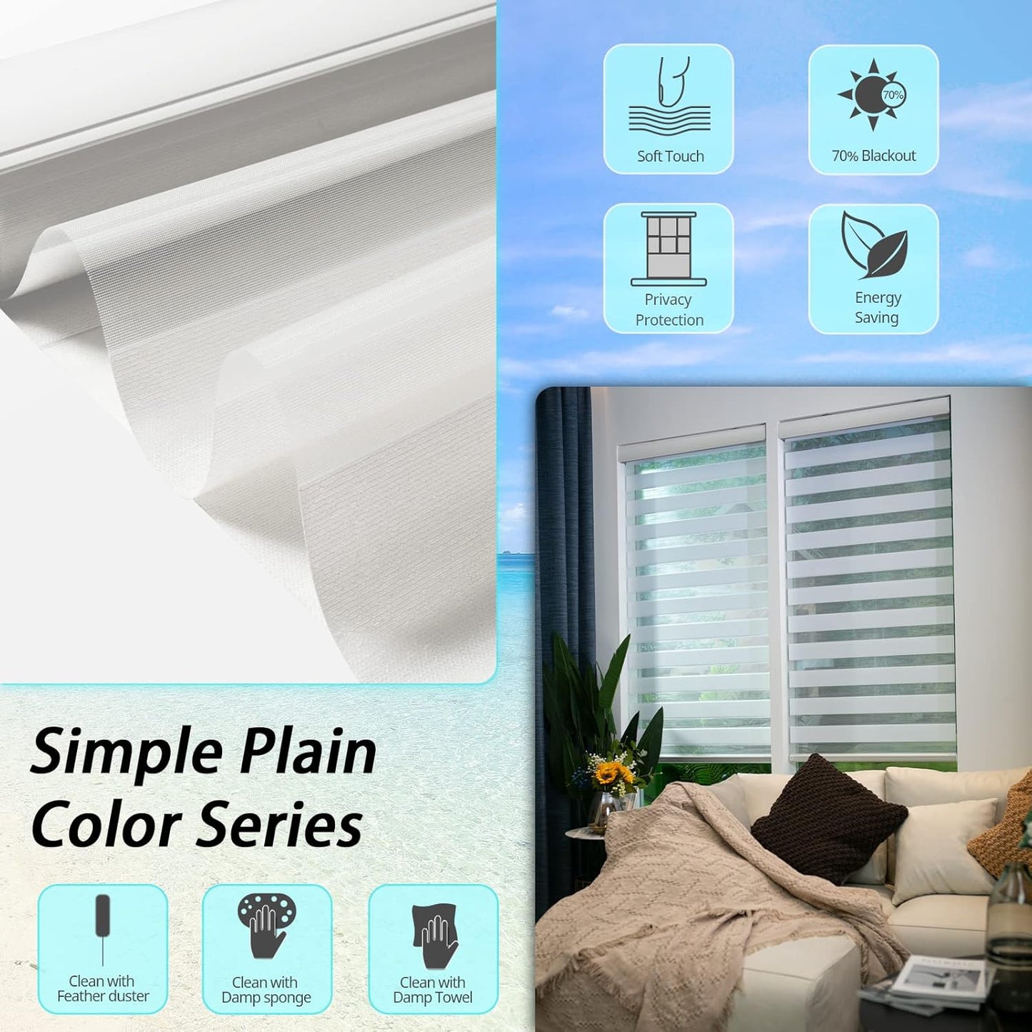 Motorized Zebra Blinds with remorte, 70% Blackout Smart Blinds Custom Size Electric Zebra Shades Compatible with Alexa/Google,White, 34''Wx72''H
