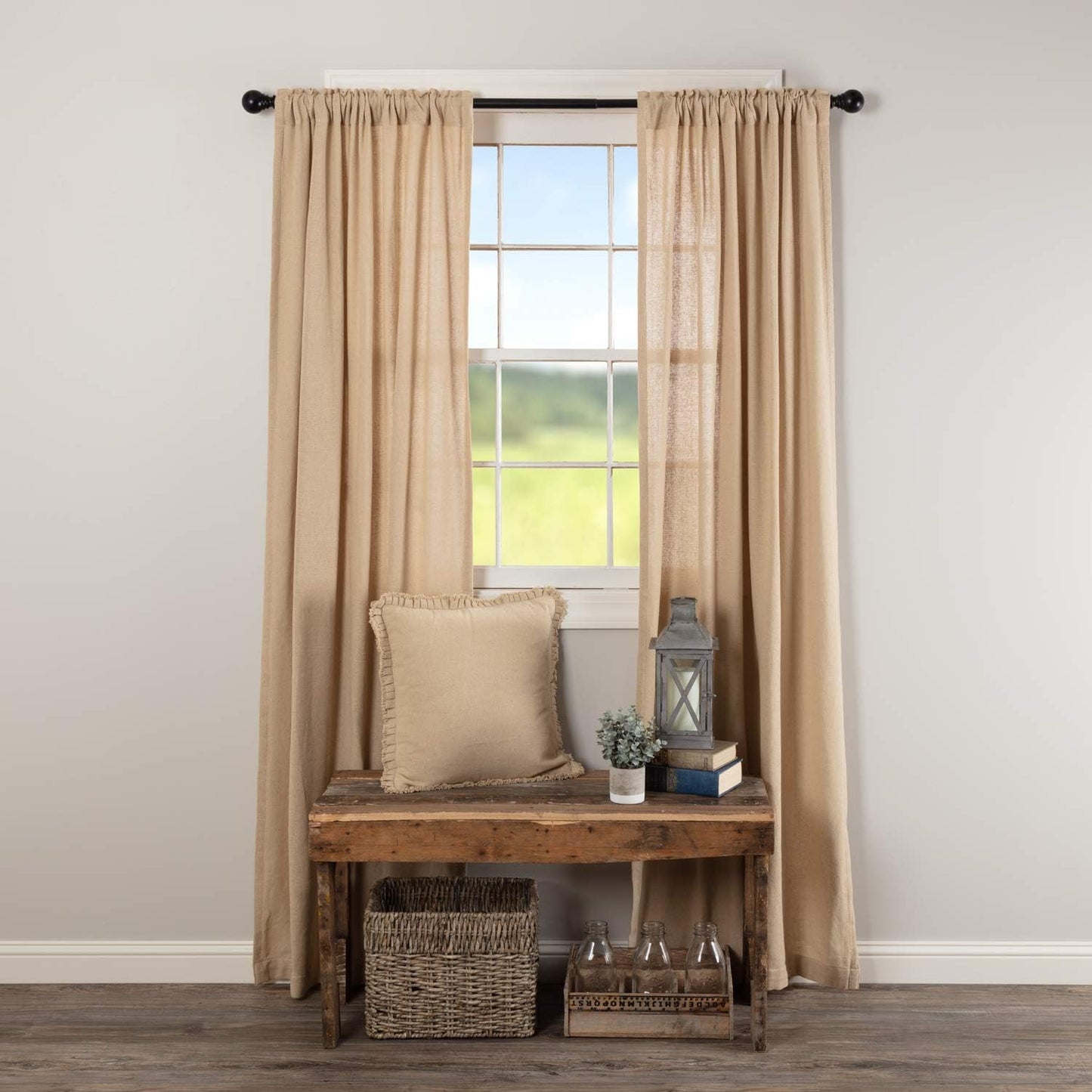 VHC Brands Black Check Scalloped Short Panel Set of 2 63x36 Country Curtains, Black and Tan