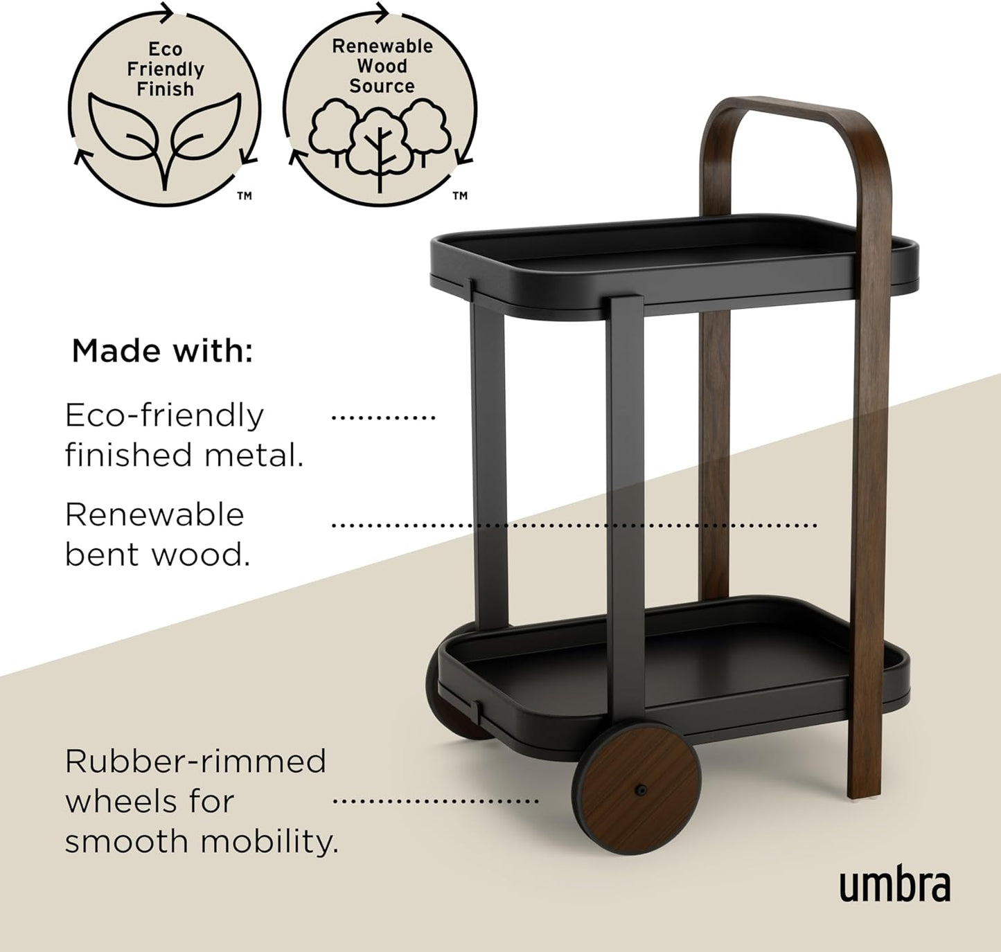 Umbra Bellwood Bar Cart, Serving Trolley, Side Table, Walnut/Black