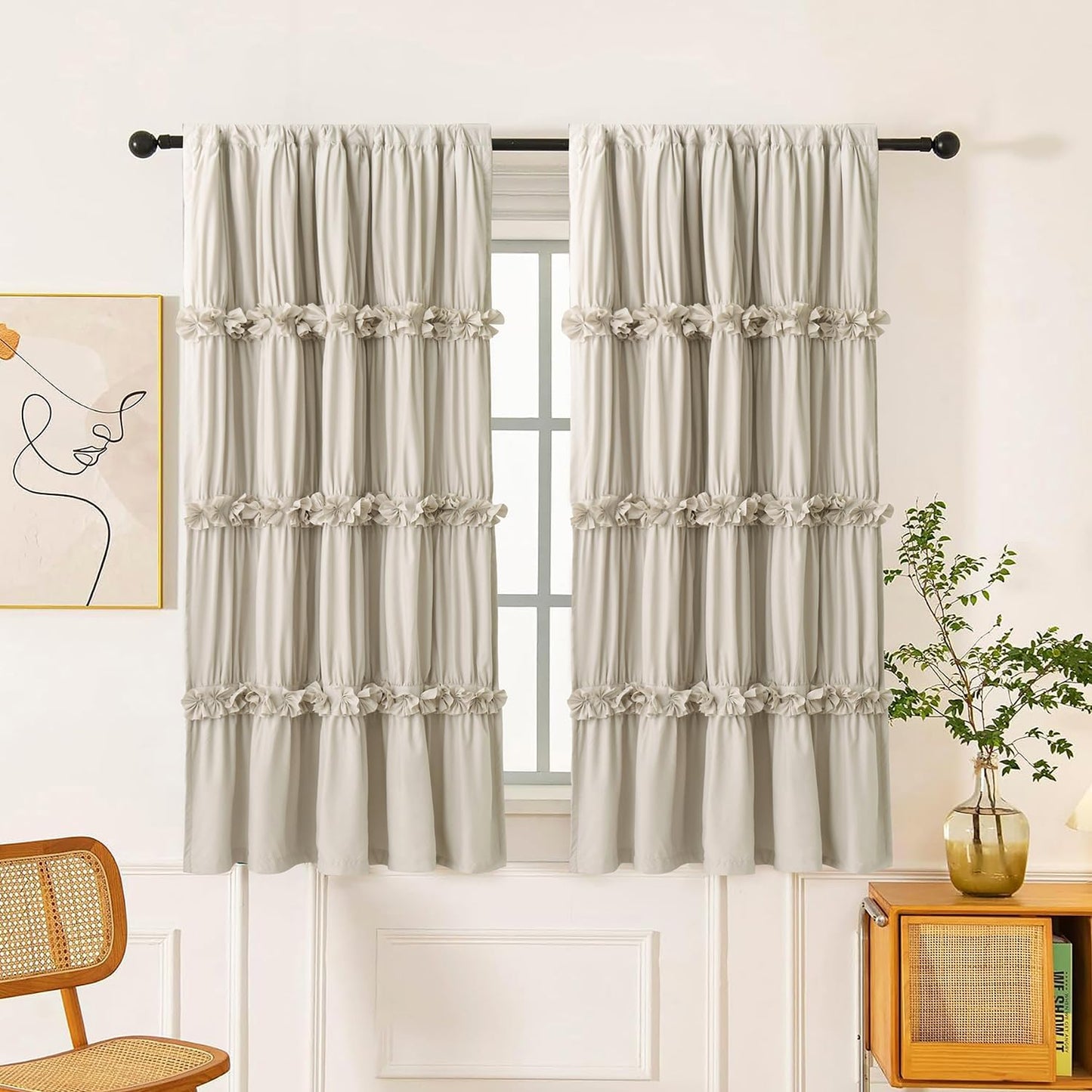 Thermal Insulated Blackout Window Curtains, 54" W x 84" L x 2 Panels, Boho Ruched Window Treatments with 3 Rows of Butterfly Flowers, Rustic Rod Pocket Drapes, Peach Pink (LQ-30)