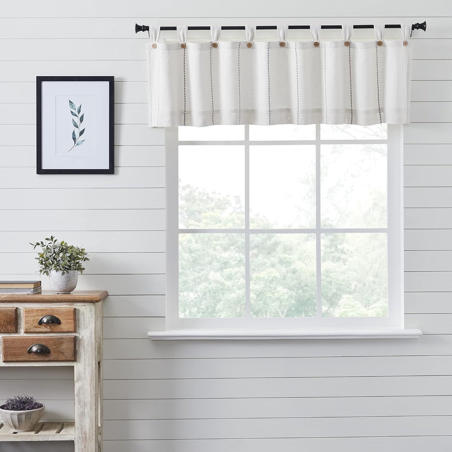 VHC Brands Black Check Scalloped Short Panel Set of 2 63x36 Country Curtains, Black and Tan