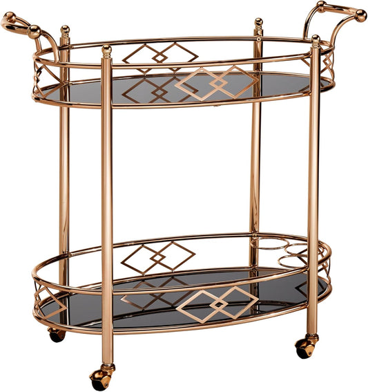Inspire Q Metropolitan Rose Gold Metal Black Glass Bar Cart by Bold