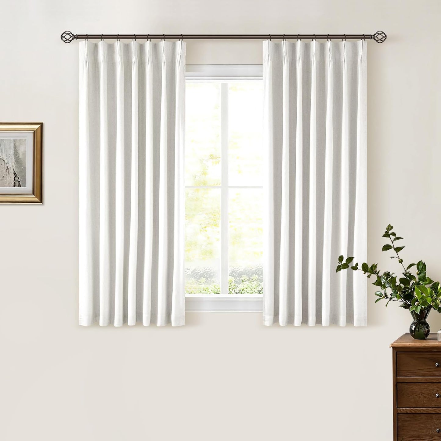 Beige Blackout Cafe Curtains 45 Inch Length 2 Panel Set Pinch Pleated Back Tab Linen Blend Black Out Short Curtains Boho Farmhouse Thermal Insulated Small Window Drapes for Bathroom Kitchen RV