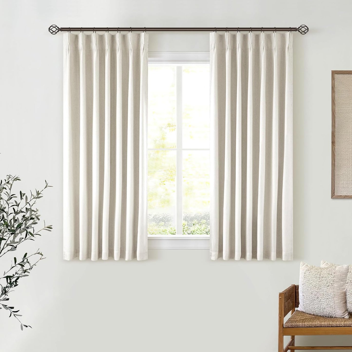 Beige Blackout Cafe Curtains 45 Inch Length 2 Panel Set Pinch Pleated Back Tab Linen Blend Black Out Short Curtains Boho Farmhouse Thermal Insulated Small Window Drapes for Bathroom Kitchen RV