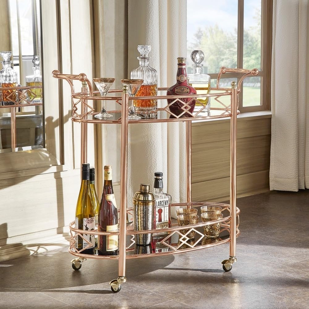 Inspire Q Metropolitan Rose Gold Metal Black Glass Bar Cart by Bold