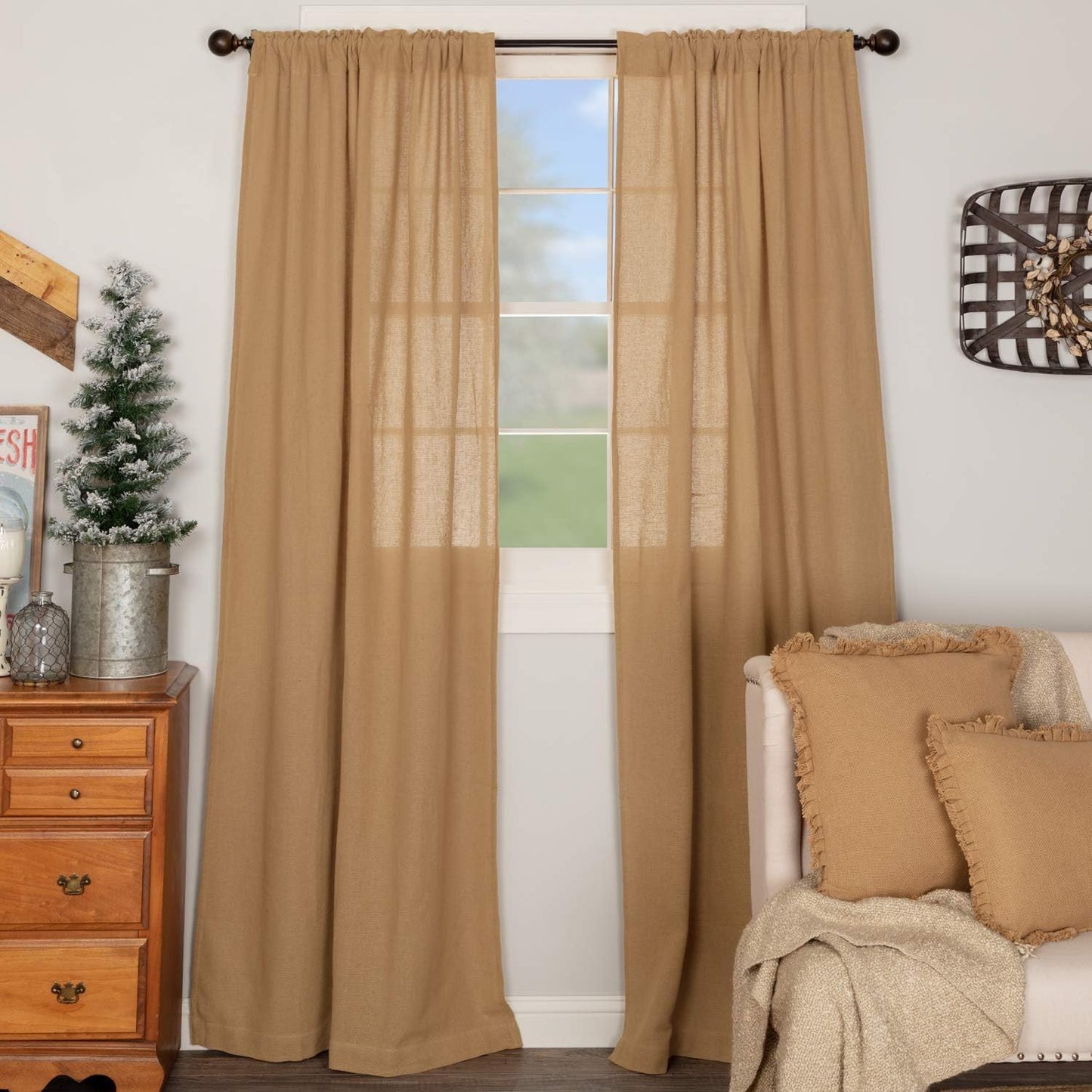 VHC Brands Black Check Scalloped Short Panel Set of 2 63x36 Country Curtains, Black and Tan