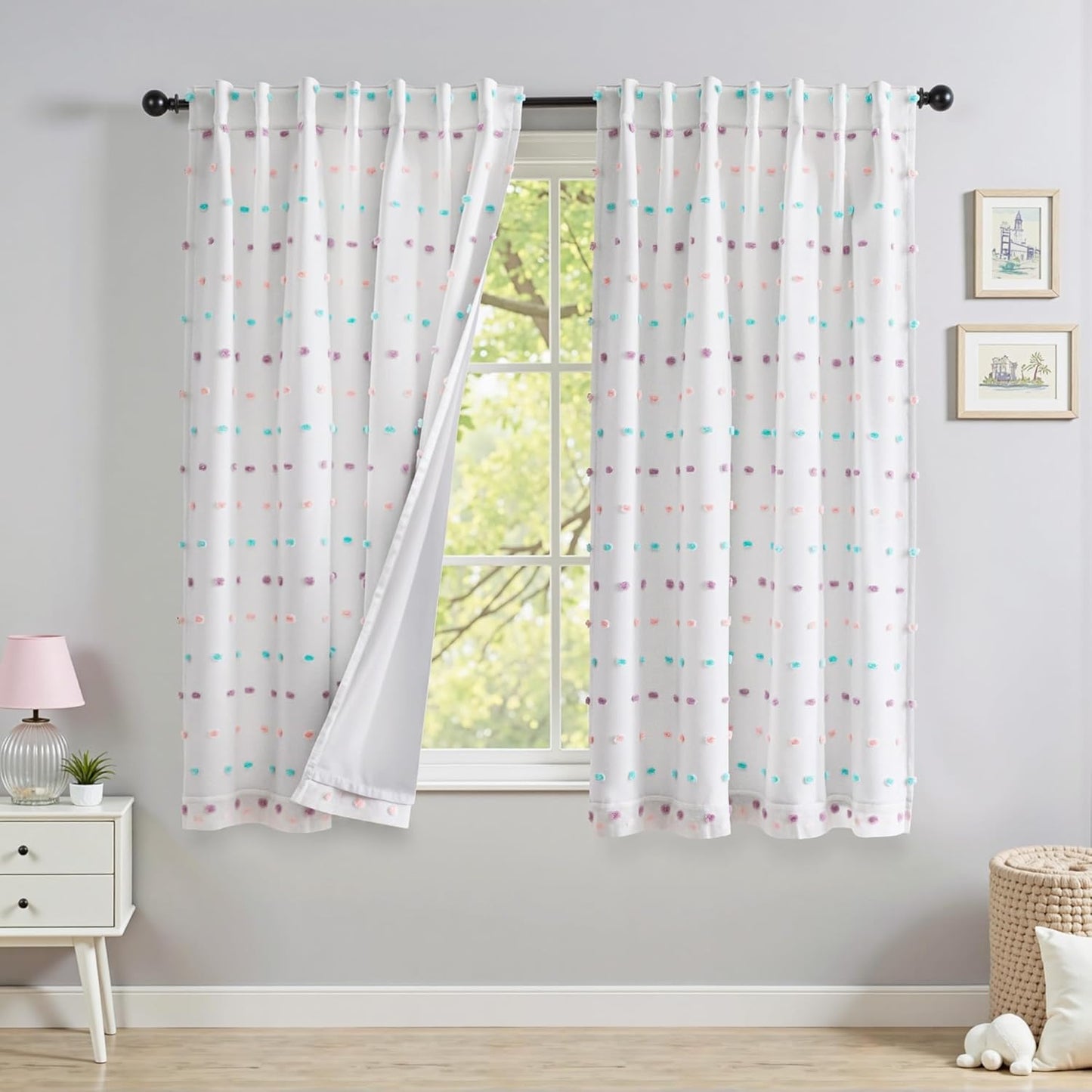 MYSKY HOME 100% Black Out Curtains for Bedroom White Blackout Curtain 63 Inches Long Thermal Insulated 2 Panels Short Kitchen Drapes with White Pom Pom Sheer Room Darkening Back Tab, 52 x 63 in