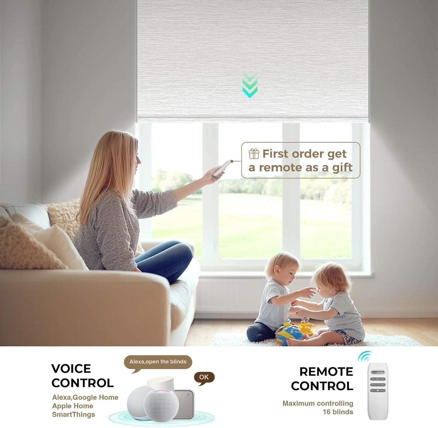 Motorized Blinds with Remote, 100% Blackout Smart Blinds, Automatic Shades for Windows, Electric Window Coverings, Compatible with Alexa Google and Homekit (Light Chaser-Perla Bianca BO)