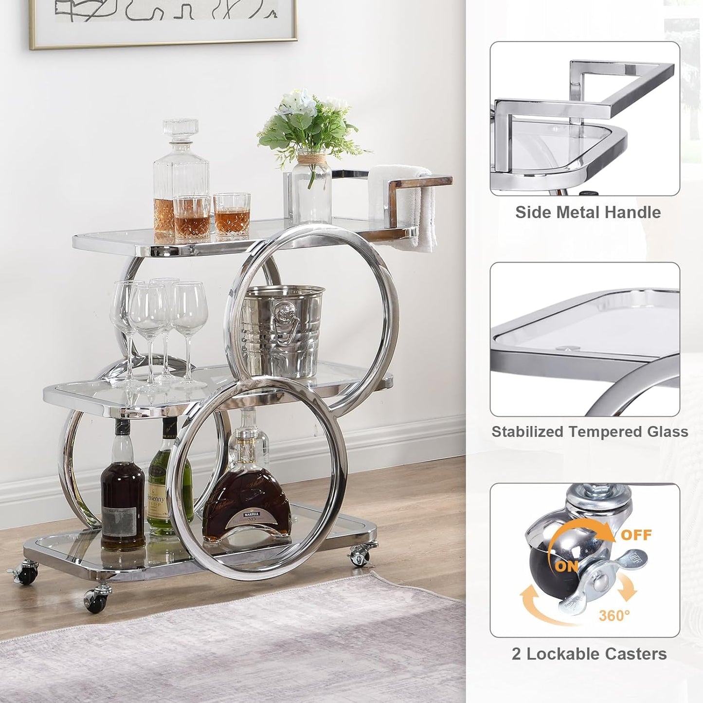 Home Bar Serving Carts 3 Tier Kitchen Carts on Wheels Mobile Bar Carts for Home Kitchen Dining Room Living Room Party, Chrome