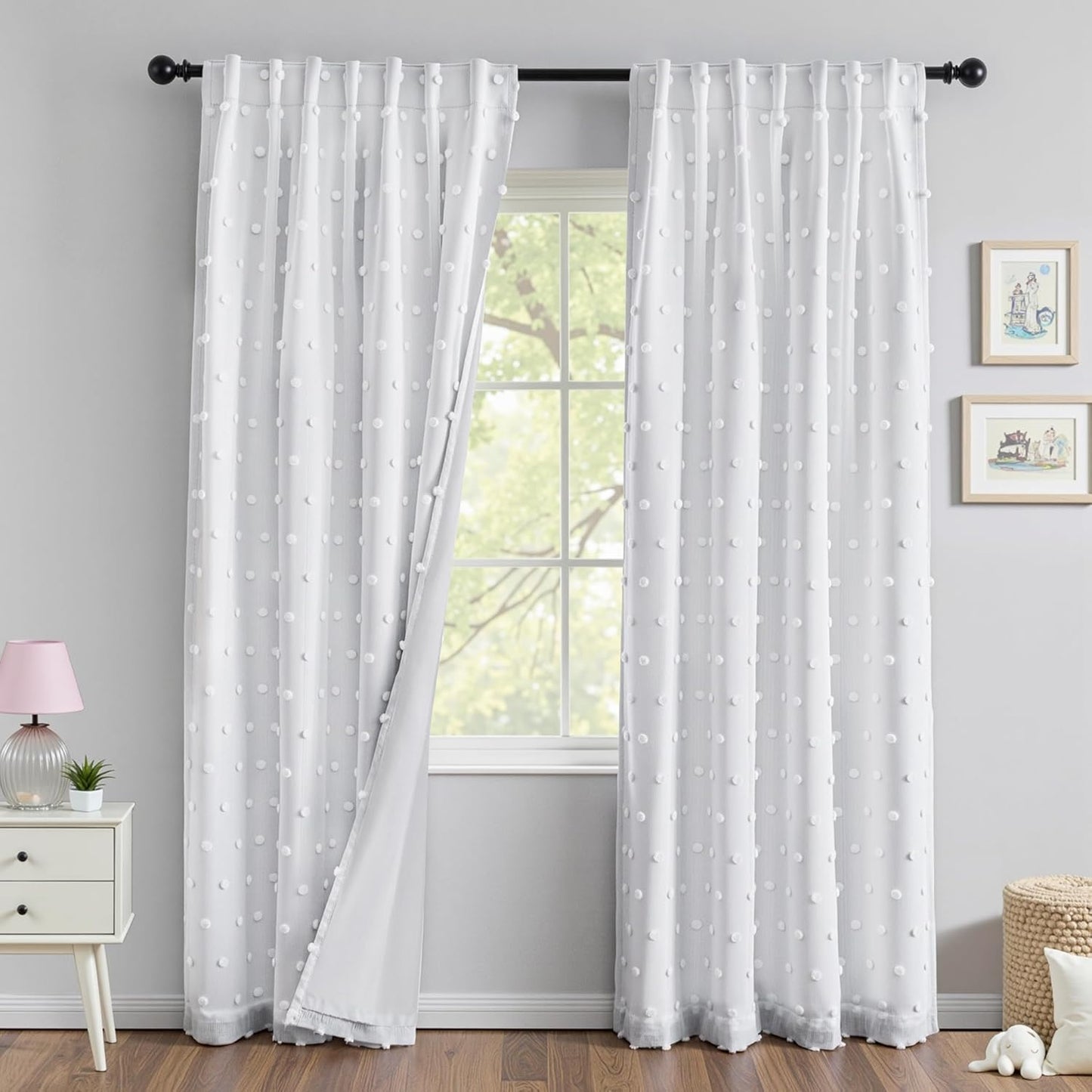 MYSKY HOME 100% Black Out Curtains for Bedroom White Blackout Curtain 63 Inches Long Thermal Insulated 2 Panels Short Kitchen Drapes with White Pom Pom Sheer Room Darkening Back Tab, 52 x 63 in