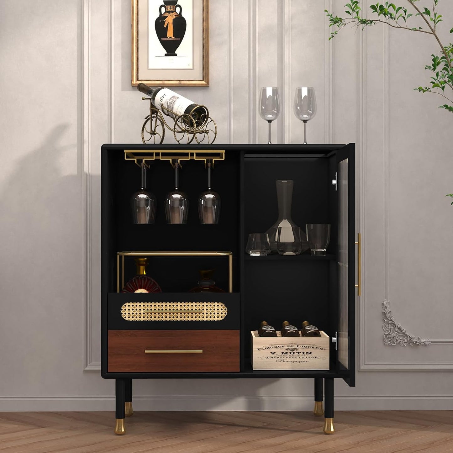 ARTPOWER Modern Coffee Bar Cabinet with Wine Glass Rack and Drawers, Black Liquor Cabinet with Pull-Out Wine Storage for Kitchen, Dining Room, Living Room