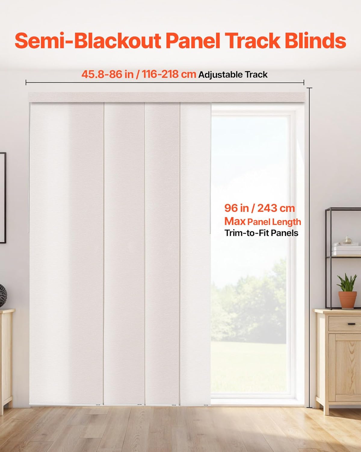 VEVOR Panel Track Blinds, Extendable Track from 45.8 in to 86 in W, Trimmable Panel Curtains Up to 96 in H, Adjustable Vertical Panel Blinds for Sliding Doors, Patio Doors, Room Divider, Light Brown